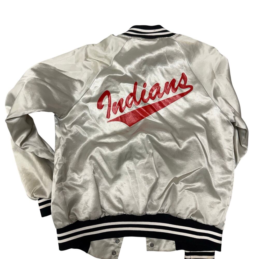 Vintage Retro Silver Shiny Bomber Puffer “Indians” “Tony” Jacket Sz S Hartwell